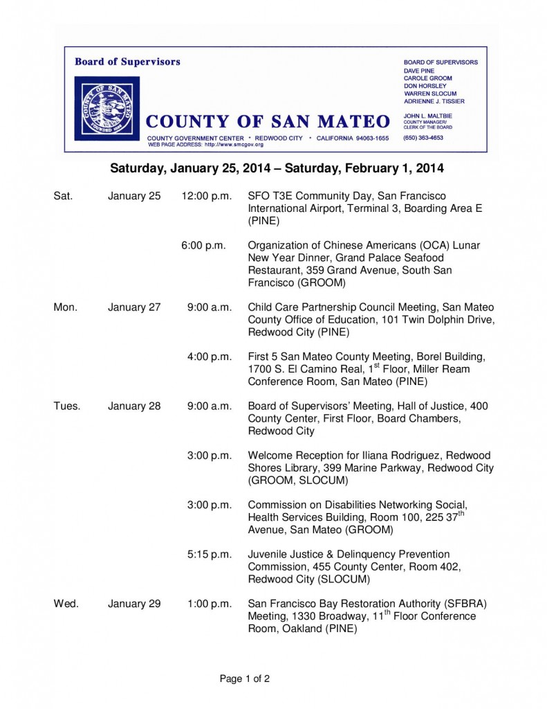 San Mateo County Calendar Week of January 25 February 1 2014