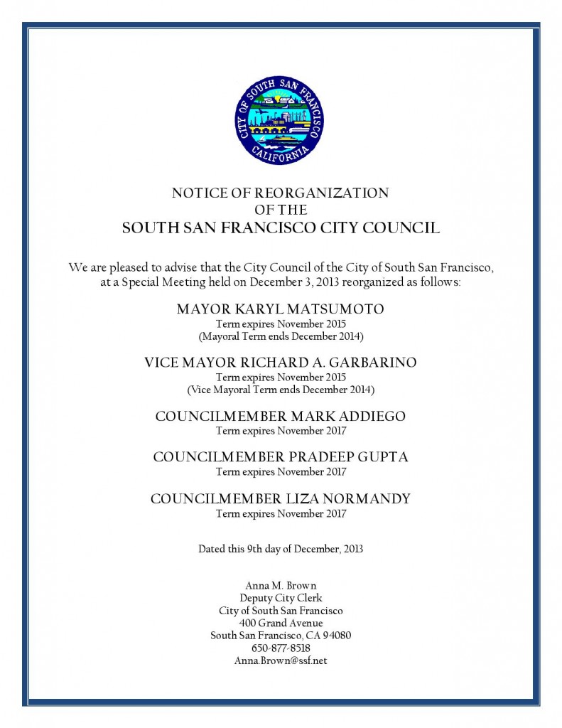 city council- reorganization dec 3, 2013