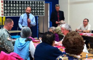 Senator Jerry Hill thanks seniors at South San Francisco’s Magnolia Senior Center for crafting hundreds of valentines for soldiers abroad Photo: Senator Hill's Office