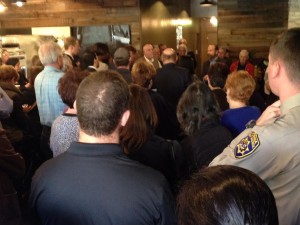 Standing room only at Antiqua Cafe as Senator Jerry Hill recognized Bertina Marcelo