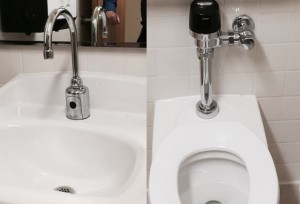 Toilet and faucets with automatic sensors to reduce water usage