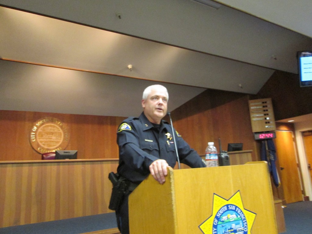 Mike Brosnan stands before a packed Council Chambers Photo: SSFPD