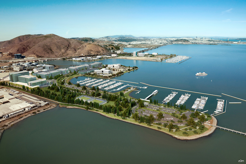 Oyster Point Marina aerial view with renderings Photo credit: The Registry