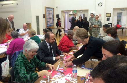 Senator Jerry Hill working with SSF Seniors creating cards for overseas troops