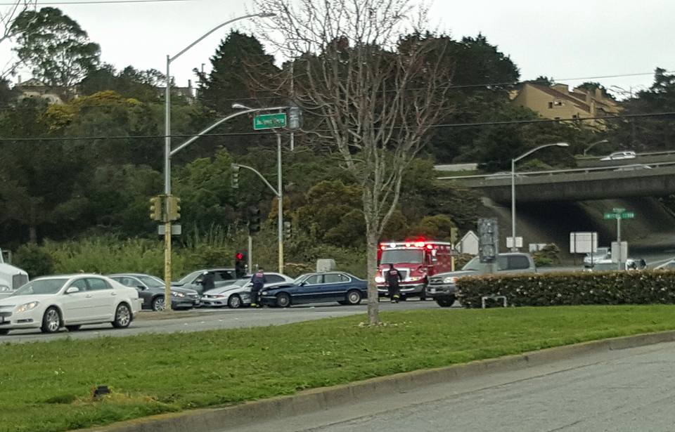 Accident affecting Junipero blvd and Eastbound Westborough blvd. Multiple cars involved serious crash, avoid the area. Someone likely ran the light again judging by the way cars are knocked sideways. ' - William Shon