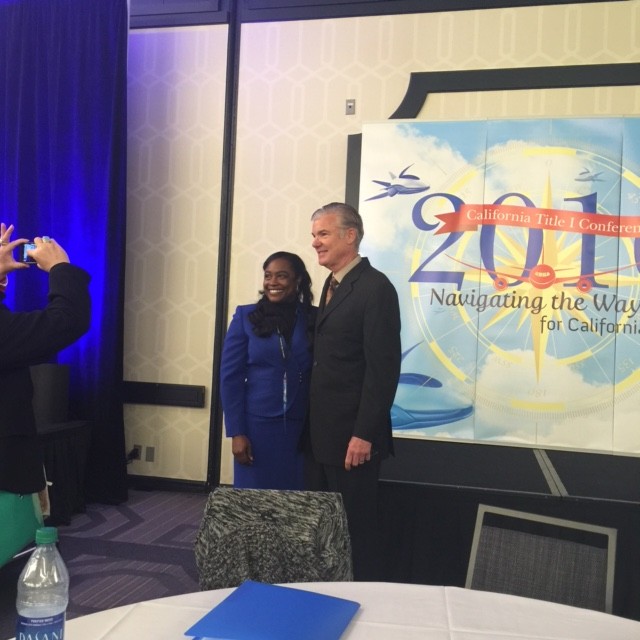 South San Francisco Unified School District Superintendent Dr. Shawnterra Moore and State Superintendent of Public Instruction Tom Torlakson at the 2016 Title I Conference a few minutes before Dr. Moore's Keynote Speech.