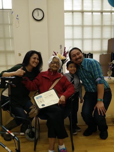 Luz Gamilla Ogalino celebrates her centenary with her family at the Magnolia Senior Center. Photo courtesy of Magnolia Center - See more at: http://www.gmanetwork.com/news/story/561416/news/pinoyabroad/city-celebrates-fil-am-s-100th-birthday#sthash.MnFOaSX1.dpuf