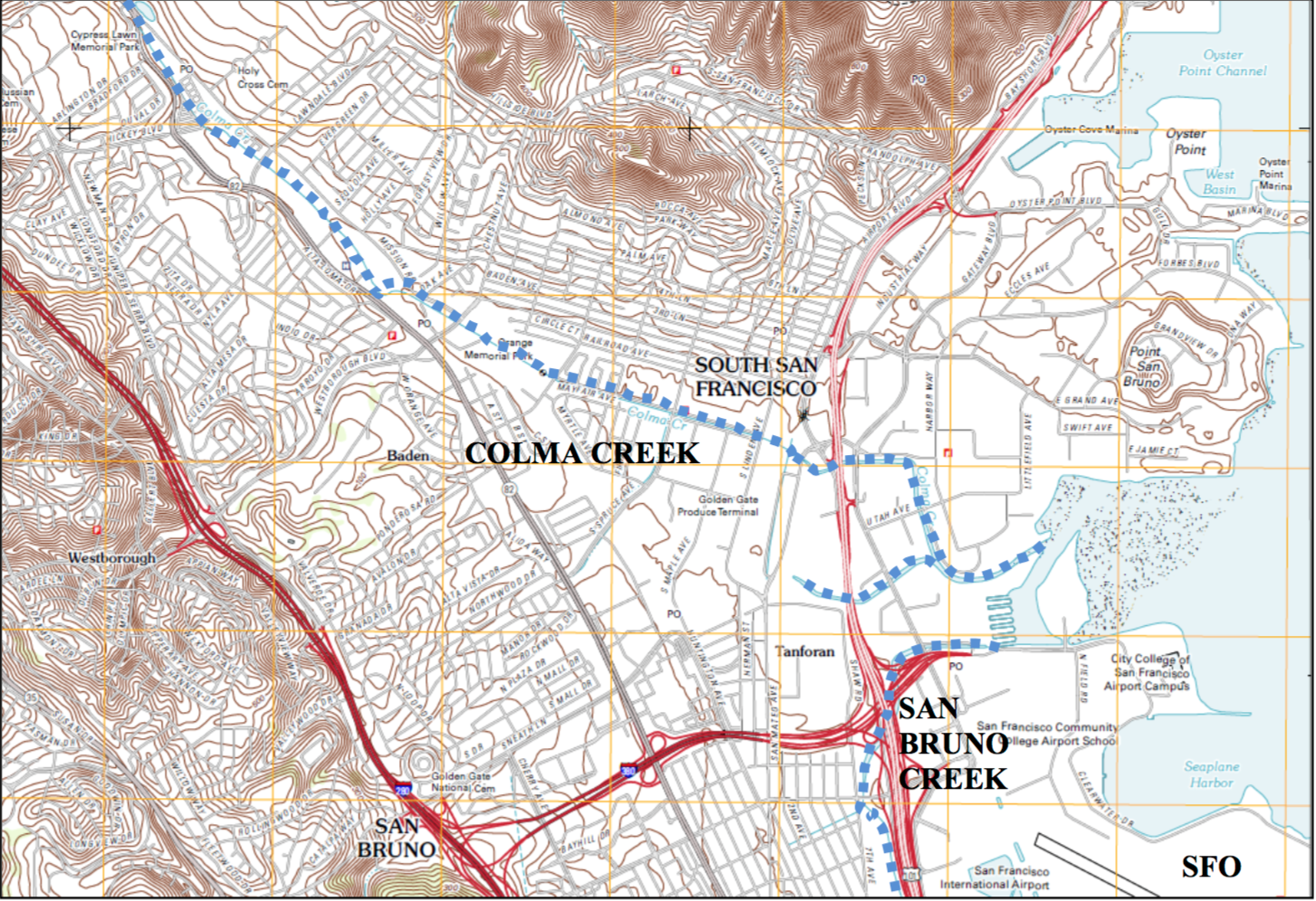 Colma Creek is outlined in BLUE.  Map prepared for SFO by Moffatt & Nichol and AGS