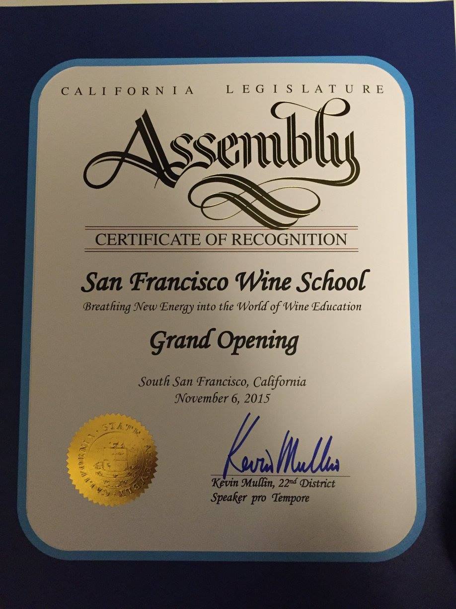 California State Assemblyman/Speaker pro Tempore and South City resident Kevin Mullin gave honor to the San Francisco Wine School upon their opening 