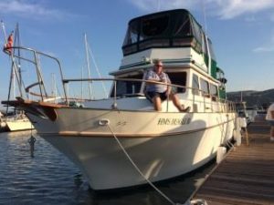 Scot Grindy and his wife Anne, reside on 54' recreational trawler at Oyster Point, marking this off their bucket list