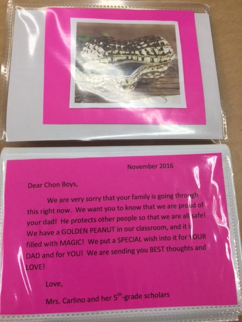 Booklet pics = 5th graders made a booklet of compiled get well cards for Officer Chon's kids (ages 5 to 6)....students were extra careful with making sure that their messages were kids friendly. Photo: Jonathan Covacha, Principal Martin Elementary School