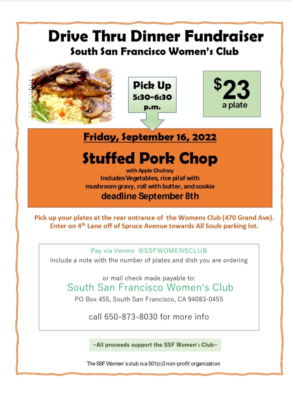 A flyer of Drive Thru Dinner Fundraiser