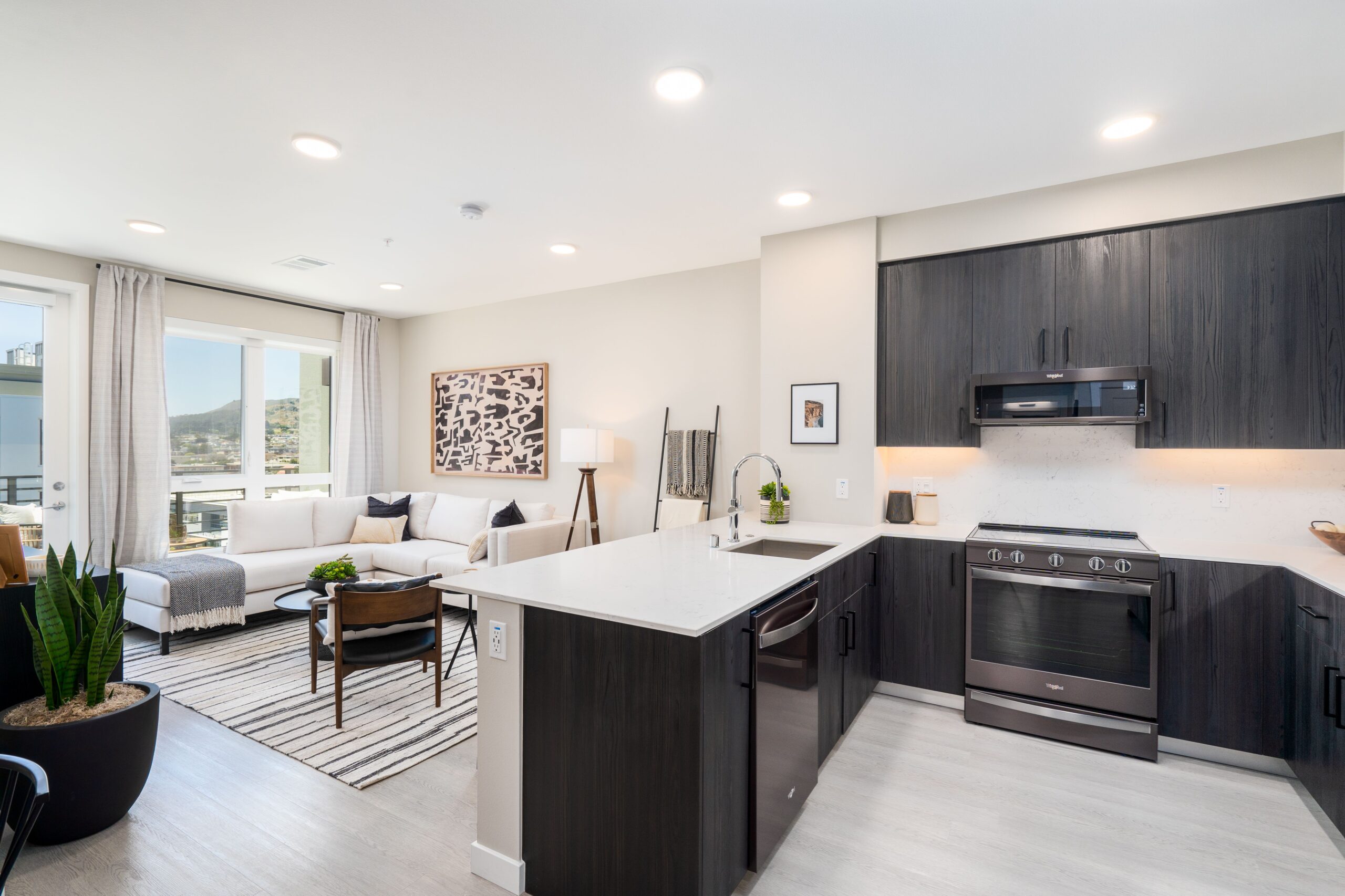 A living room beside the kitchen