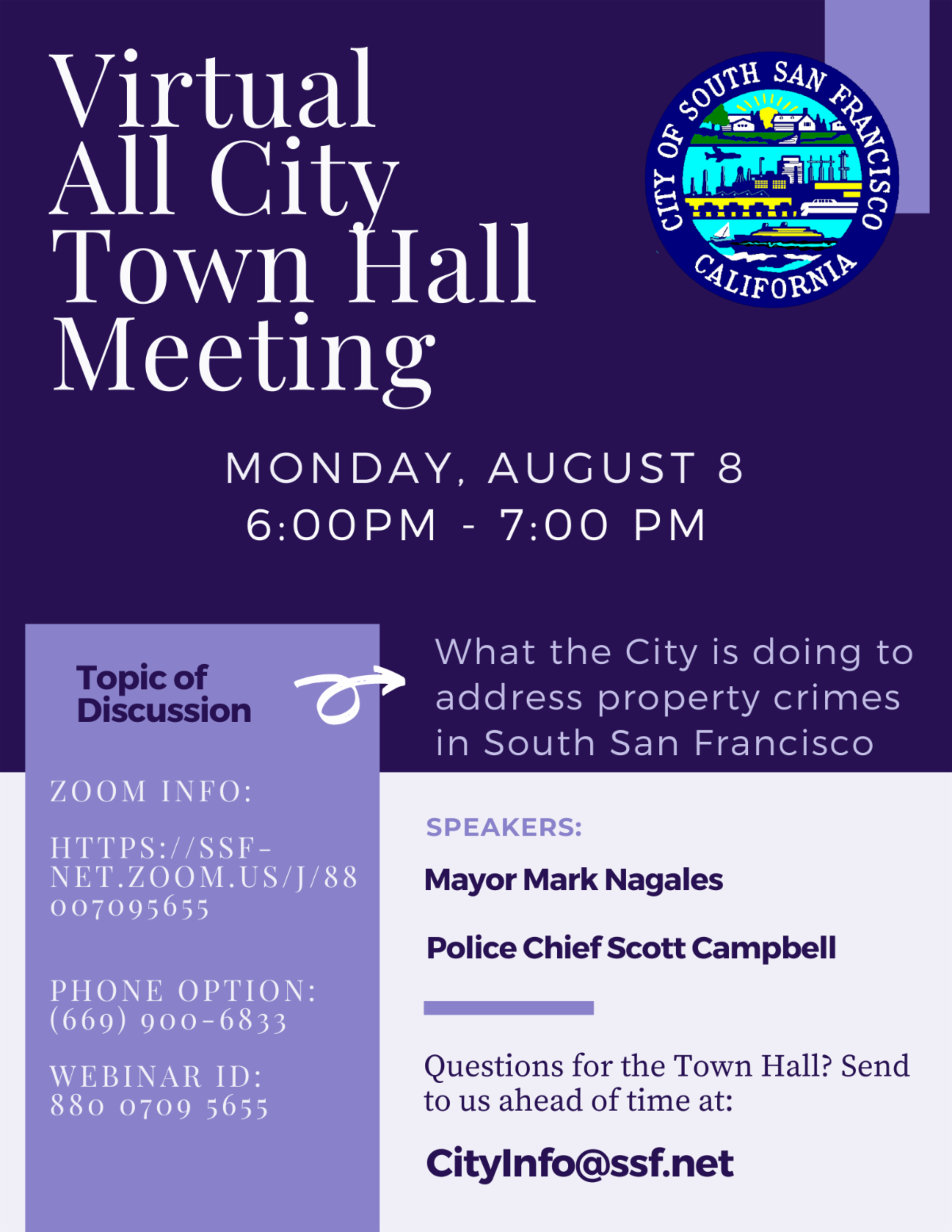 A flyer of Virtual All City Town Hall Meeting