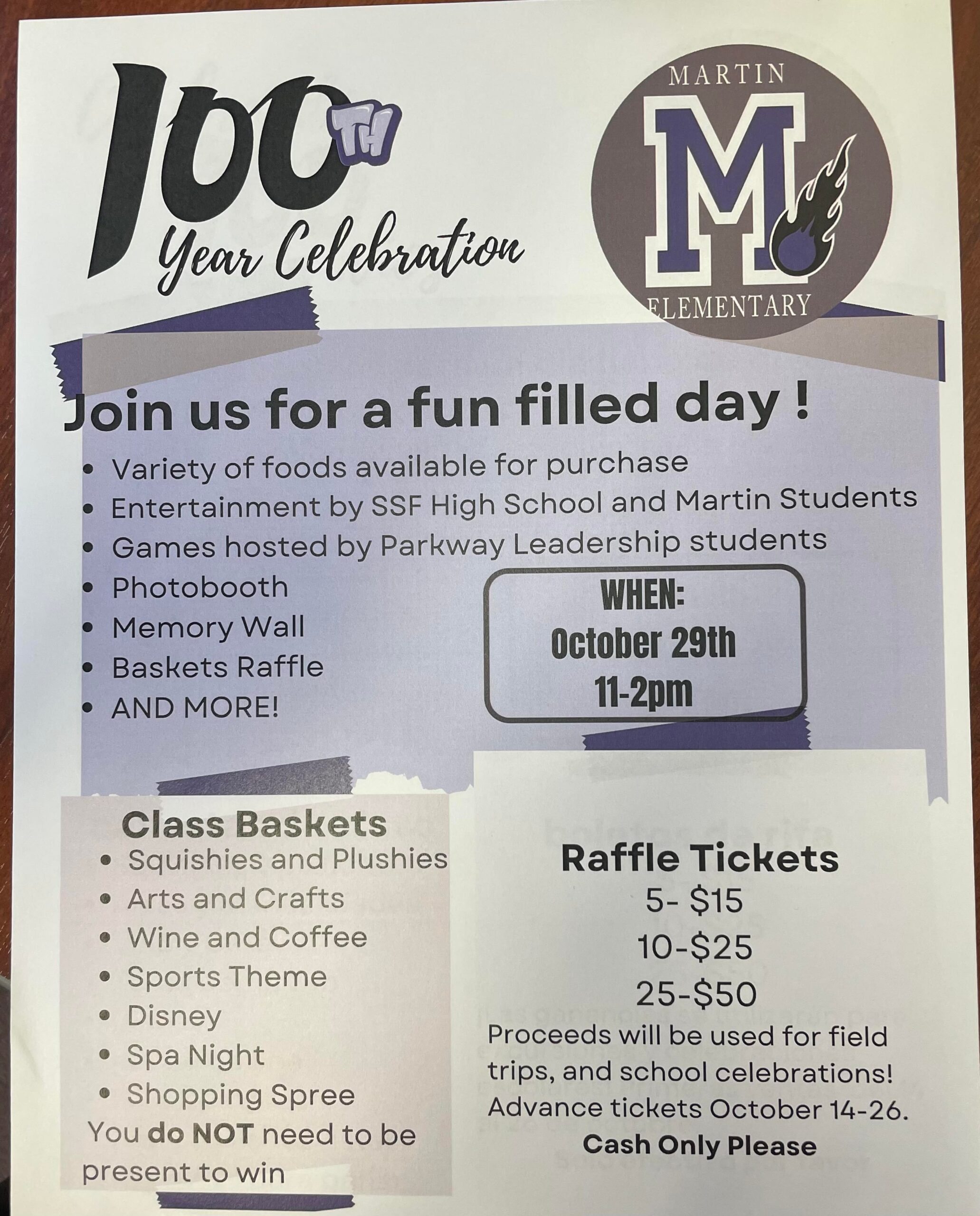 Flyer for Martin Elementary’s 100th year celebration