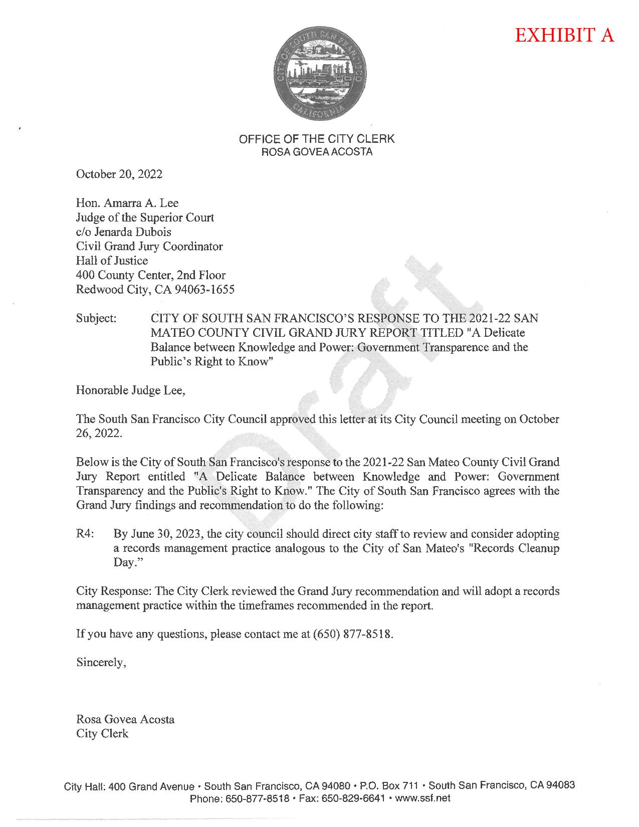 Letter from the Office of the City Clerk