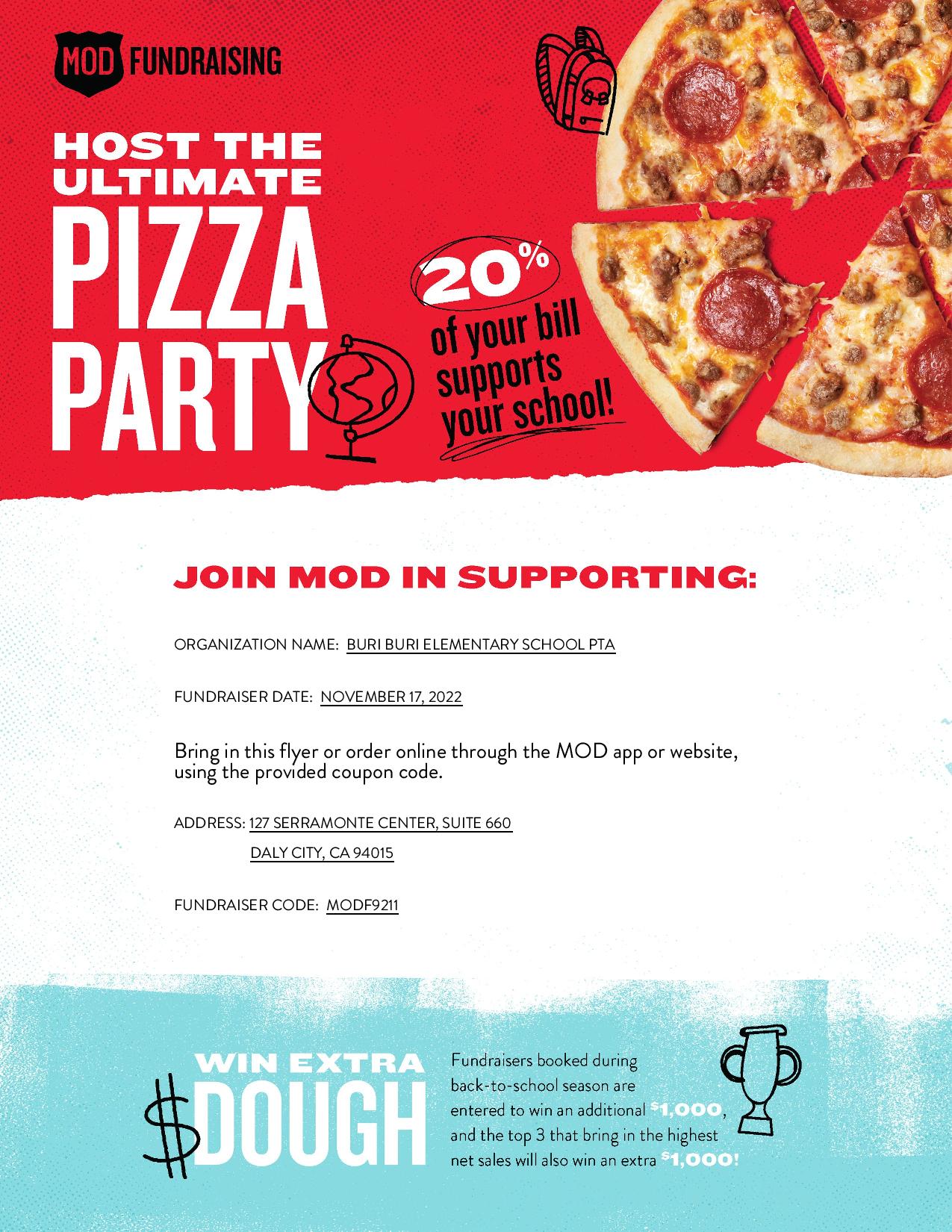 Poster for MOD fundraising, Host the Ultimate Pizza Party