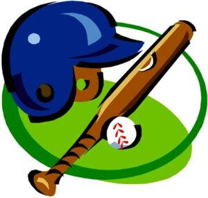 A graphic of a baseball hat and bat